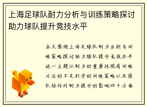 上海足球队耐力分析与训练策略探讨助力球队提升竞技水平
