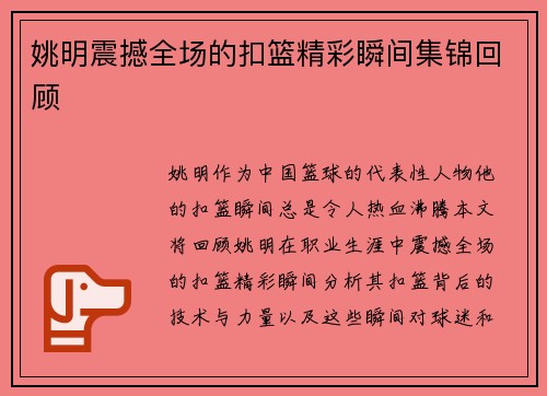 姚明震撼全场的扣篮精彩瞬间集锦回顾