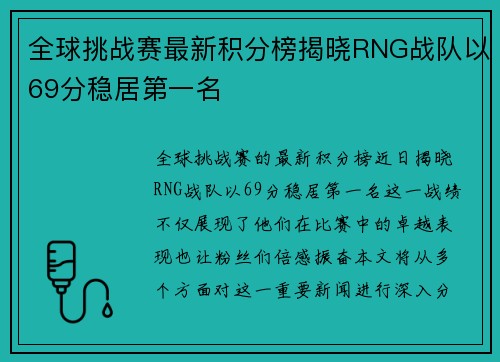 全球挑战赛最新积分榜揭晓RNG战队以69分稳居第一名