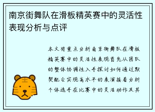 南京街舞队在滑板精英赛中的灵活性表现分析与点评