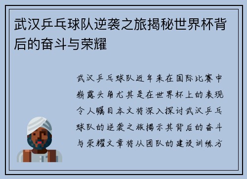 武汉乒乓球队逆袭之旅揭秘世界杯背后的奋斗与荣耀